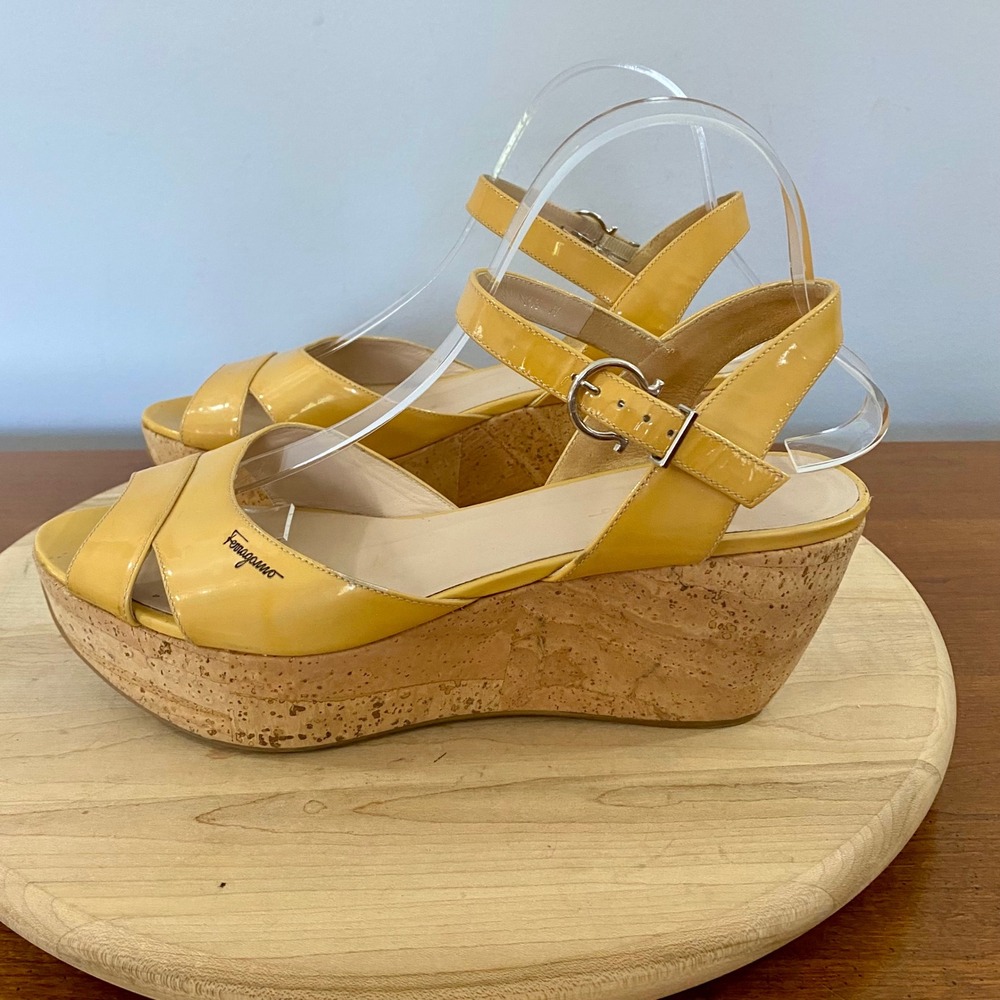 Salvatore Ferragamo Yellow Patent Leather Wedge Sandals Womens 9.5 Italy READ* - Picture 3 of 15